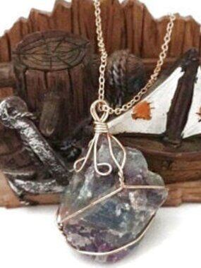 Handmade Wire Wrapped Raw Fluorite Stone Pendant Necklace
